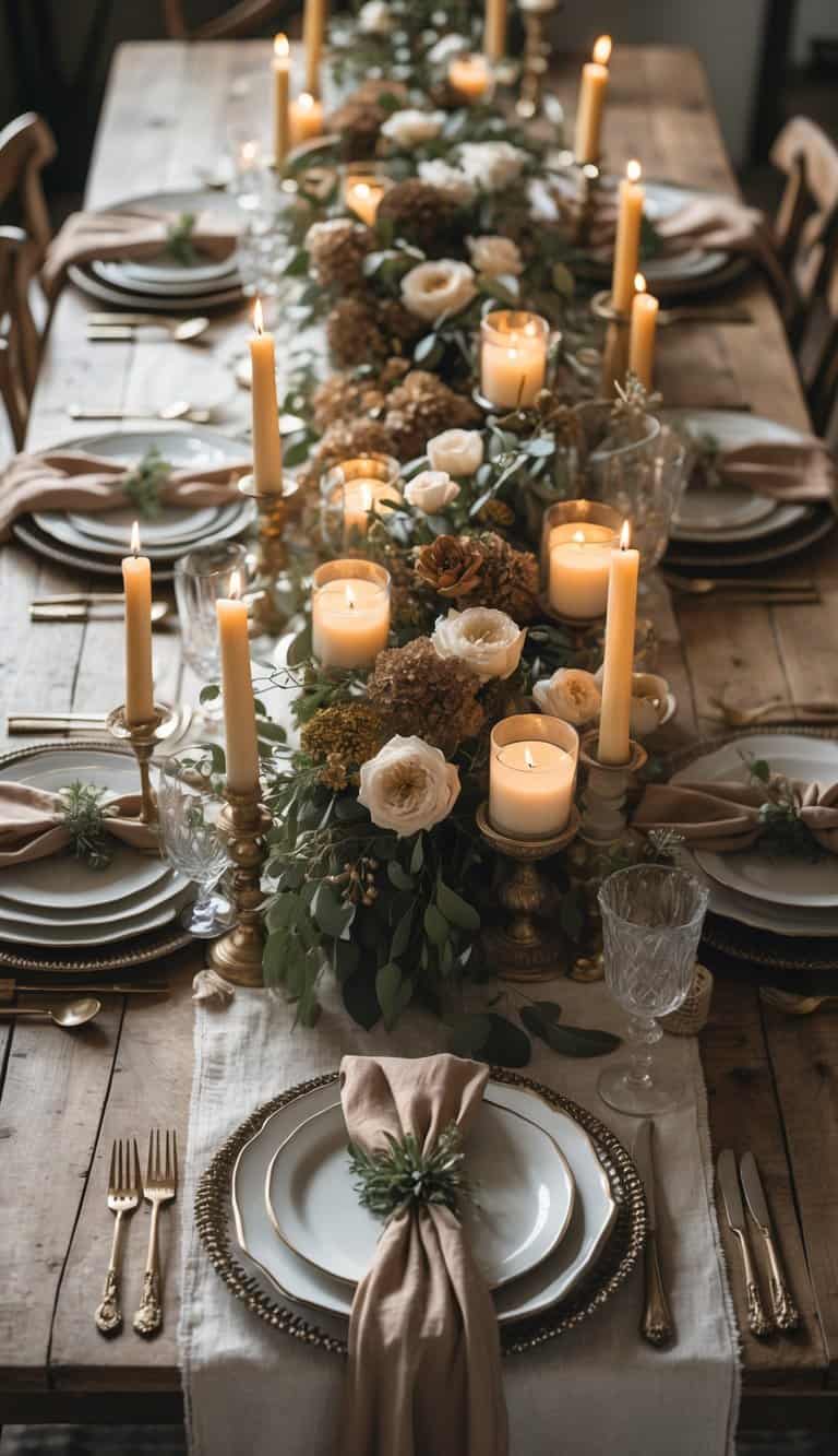 A beautifully arranged dining table with earth-toned linens, floral centerpieces, candles, and tableware set for an event.