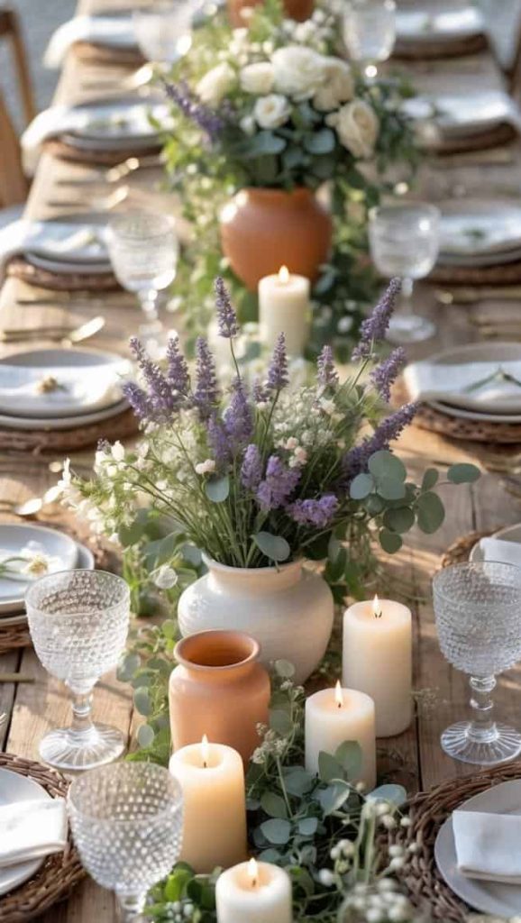 A long wooden table set outdoors with plates, glasses, white napkins, floral centerpieces, and lit candles arranged along the center.