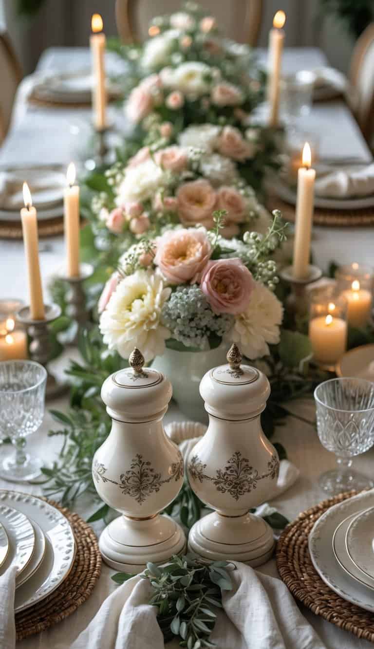 A fully set dining table with vintage salt and pepper shakers, floral centerpieces, candles, plates, and glassware arranged neatly under natural light.