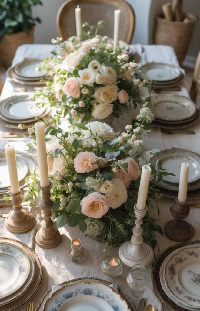 A formal dining table set with vintage floral china, gold cutlery, tall candles, and lush floral centerpieces featuring white and blush flowers.