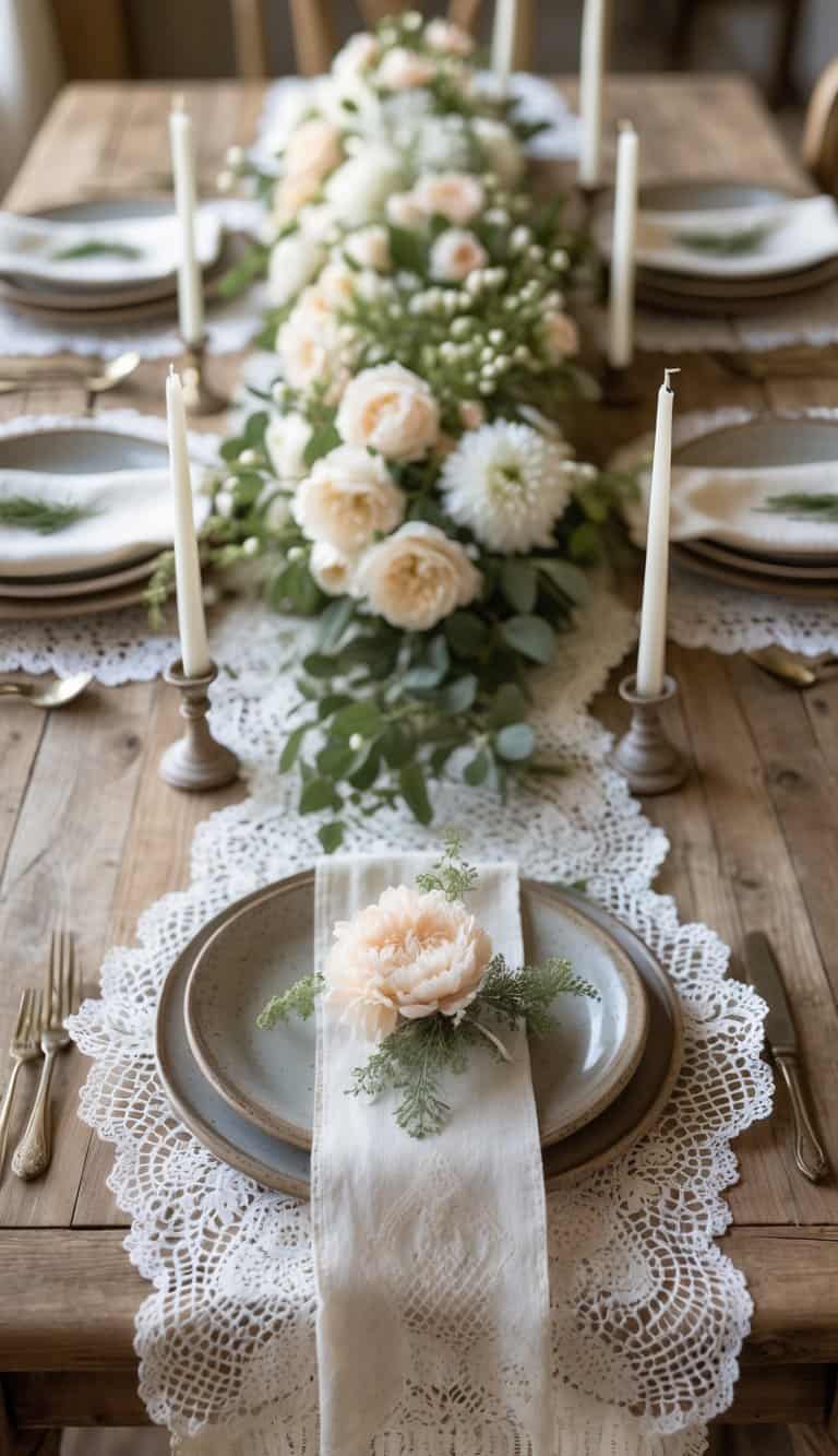 A beautifully set dining table with lace doilies under plates, floral centerpieces, and lit candles on a wooden surface.