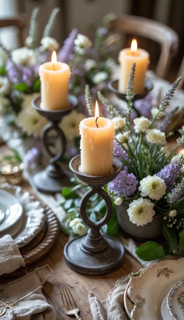 A full view of a table set with rustic iron candle holders holding beeswax candles, surrounded by floral arrangements and tableware.