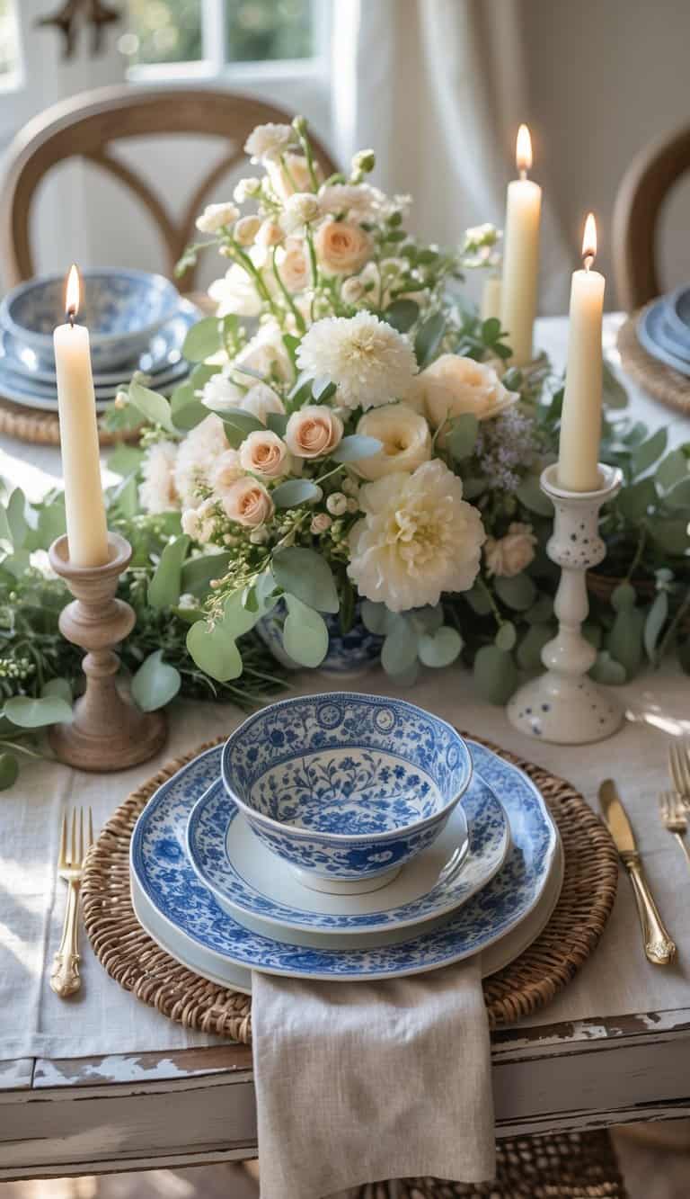 A fully set dining table featuring blue and white pottery, floral centerpieces, and candles, illuminated by natural light.