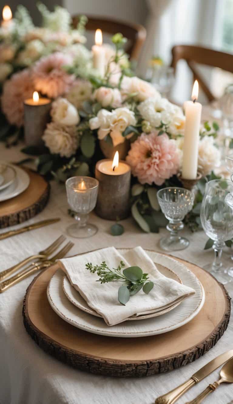 A beautifully set dining table with wooden chargers under plates, floral centerpieces, and lit candles arranged neatly.