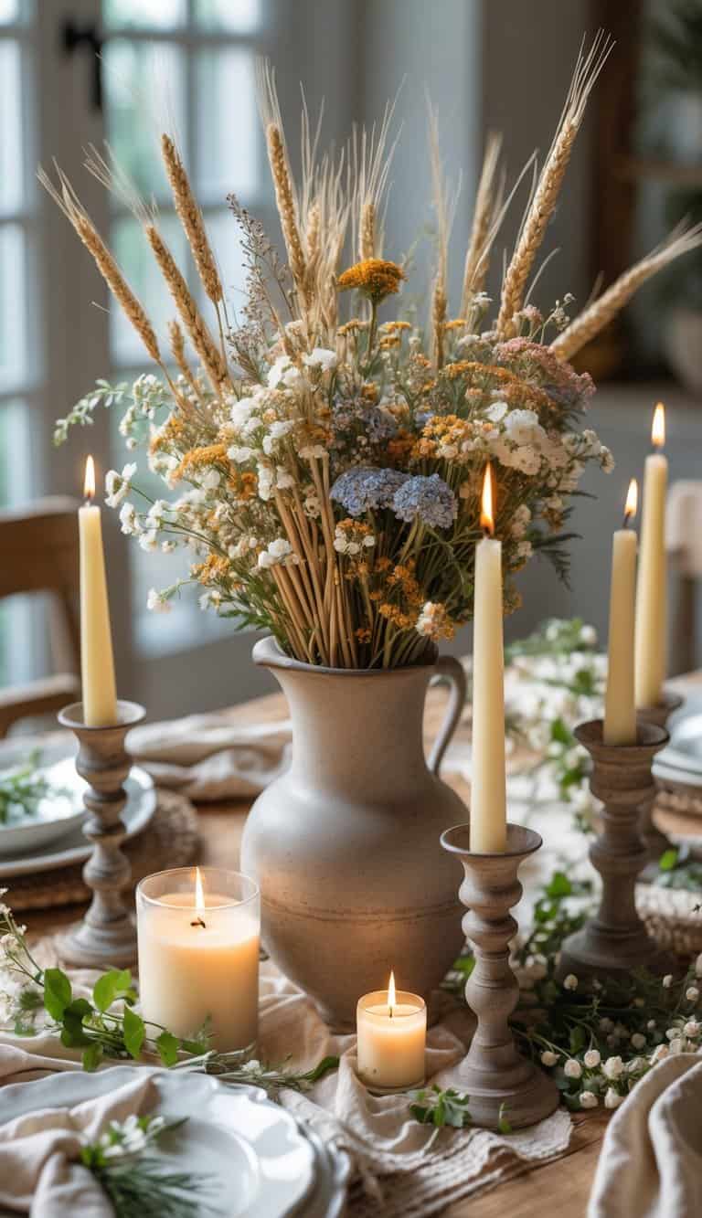 A full view of a table set for an event with a centerpiece of mixed wildflowers and wheat stalks, surrounded by candles and floral decorations.