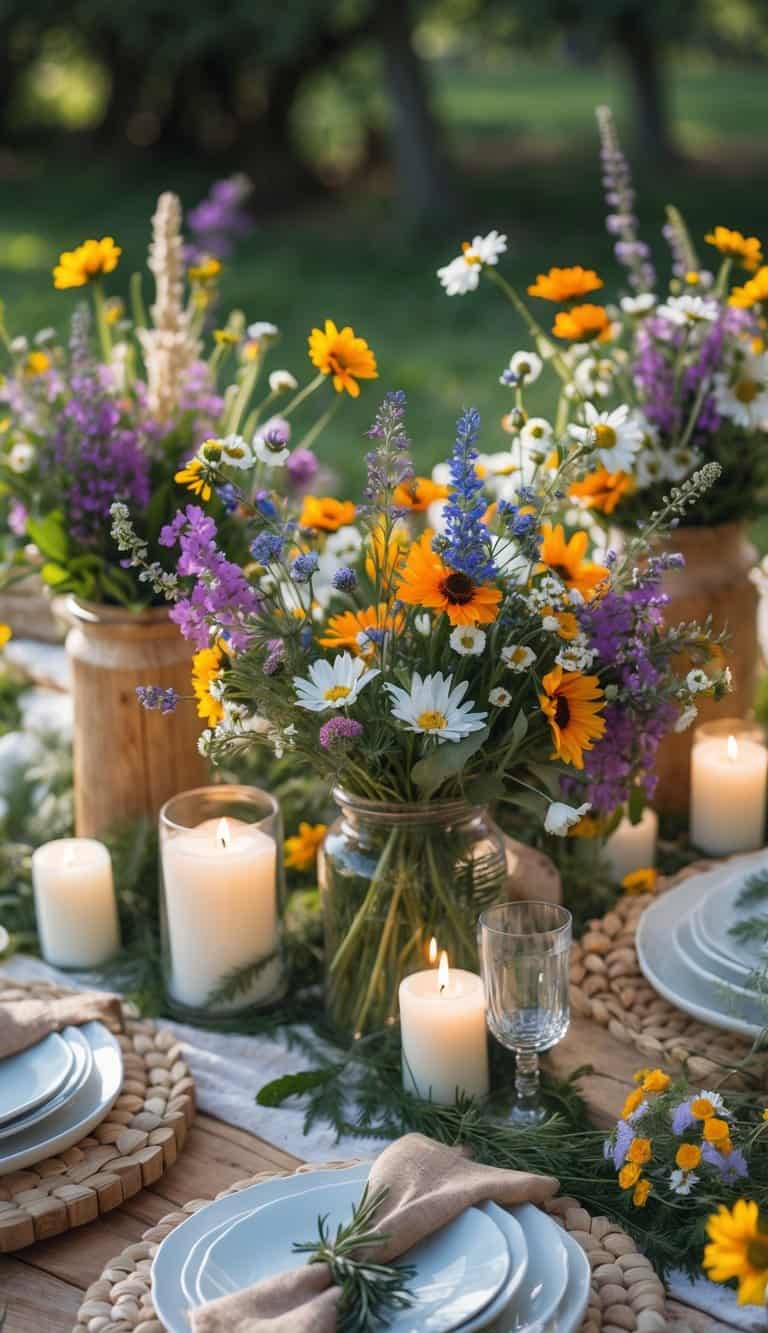 Outdoor picnic table set with wildflower bouquets, candles, and tableware in a garden setting.
