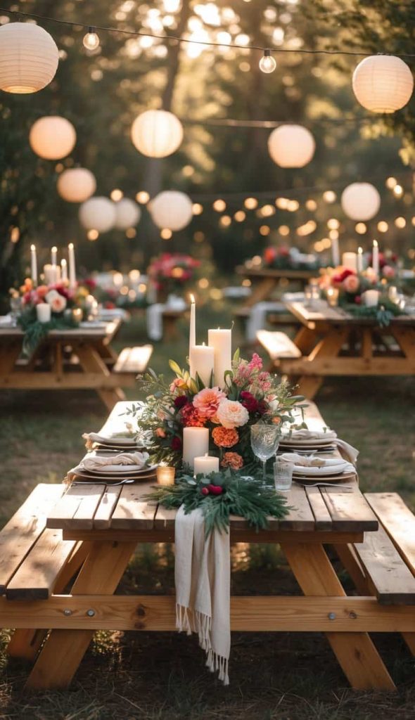 Wooden picnic tables decorated with floral arrangements and candles are set outdoors under string lights and paper lanterns in a garden setting.