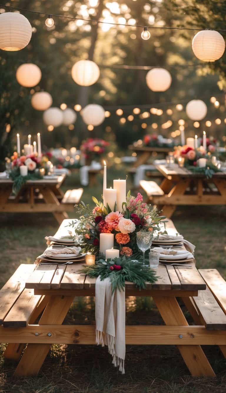 Outdoor picnic tables decorated with candles, flowers, and paper lanterns hanging above.