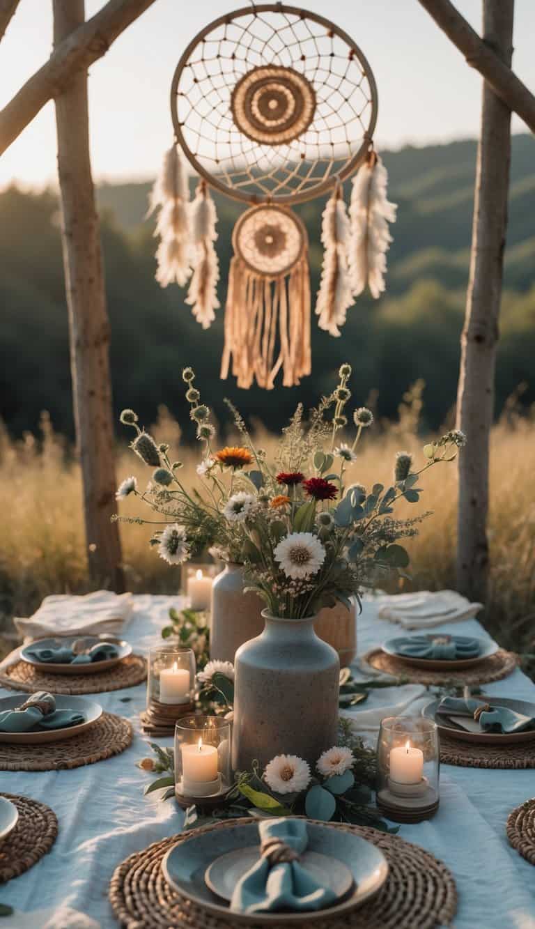 A picnic table set outdoors with floral centerpieces, candles, and a large dreamcatcher hanging in the background.