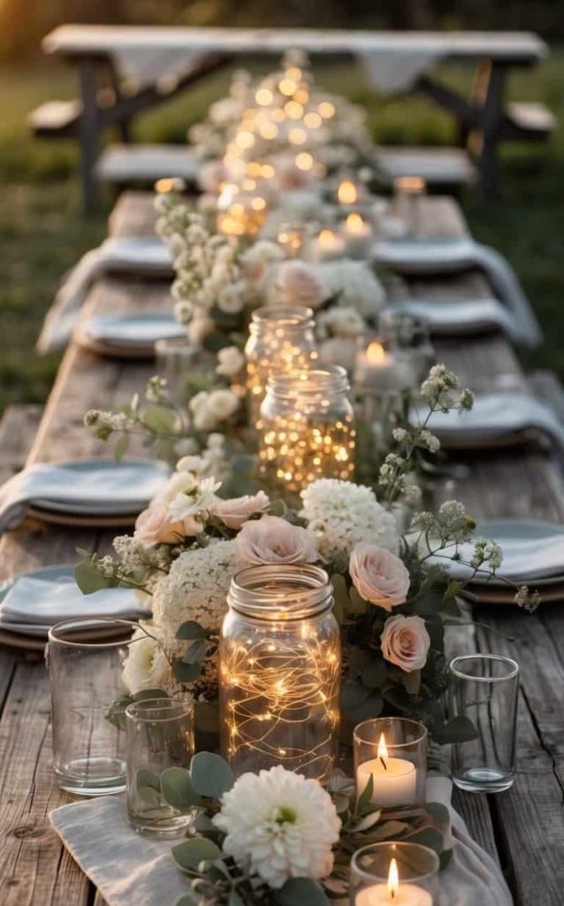A rustic outdoor table is decorated with mason jars filled with fairy lights, white and blush flowers, and lit candles, set for a gathering at sunset.