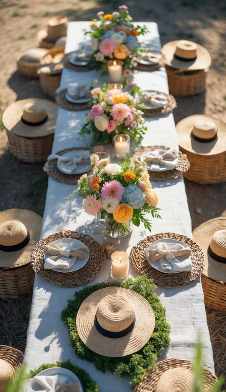 A picnic table outdoors set with flowers, candles, sun hats, and tableware under natural sunlight.