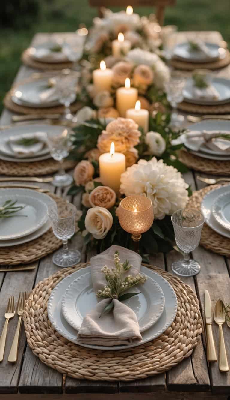 A picnic table set with woven straw placemats, candles, and floral centerpieces on a wooden surface.