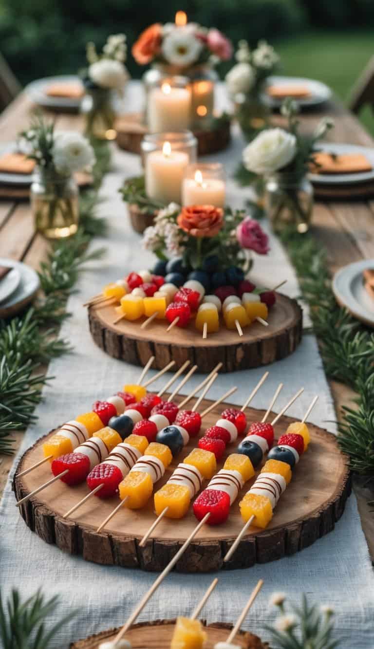 A picnic table set outdoors with fruit leather dessert skewers on wooden platters, surrounded by candles and small floral arrangements.