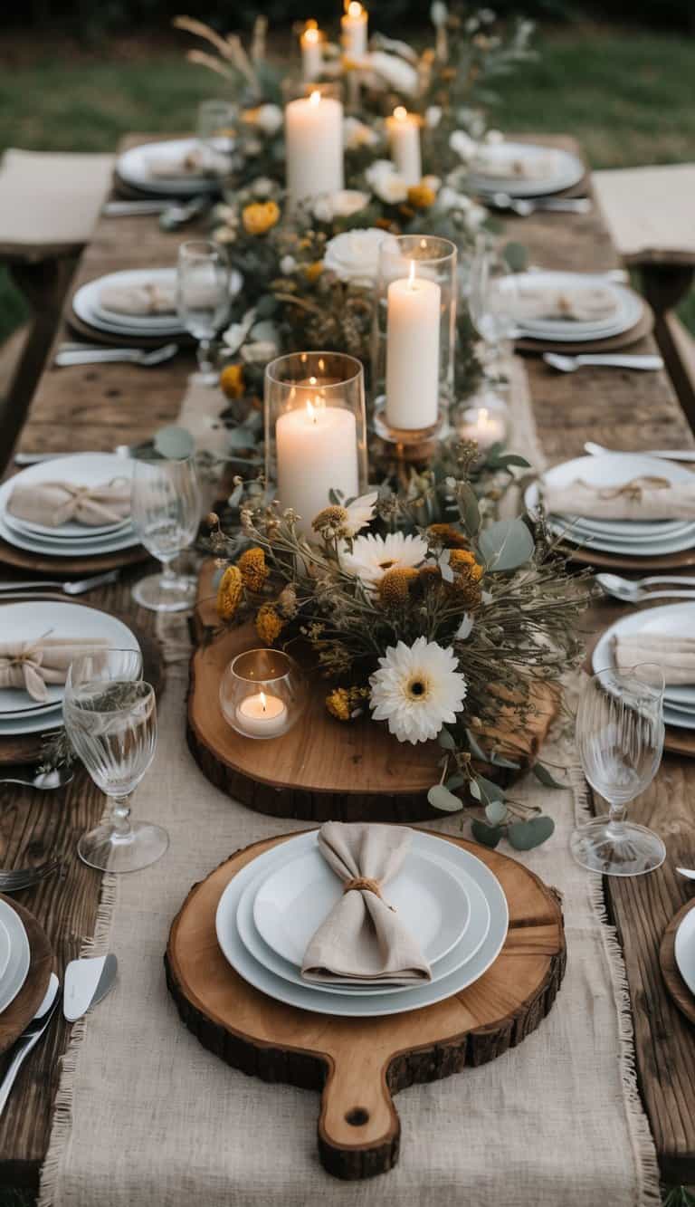 A picnic table set outdoors with wooden serving boards, candles, and fresh flowers arranged in the center, surrounded by plates and glassware.