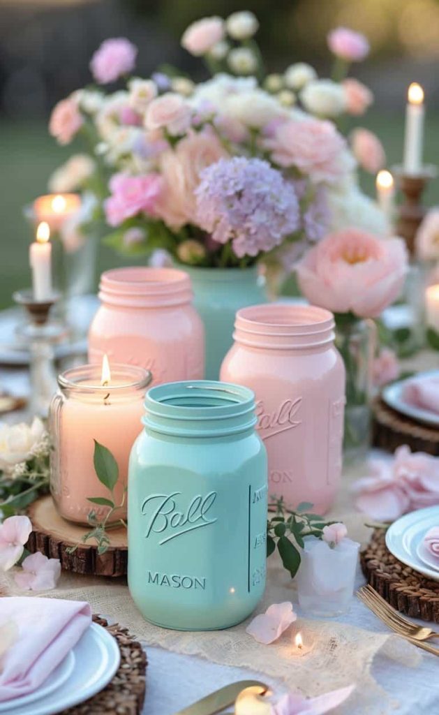 Pastel-colored mason jars and candles are arranged on a table set with plates, napkins, and flowers, creating a soft, elegant outdoor dining display.