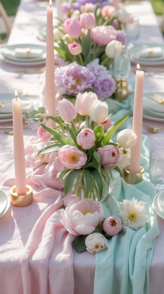 A long table set outdoors features pastel linens, pink and white candles, and vases of tulips and peonies arranged as a central floral centerpiece.