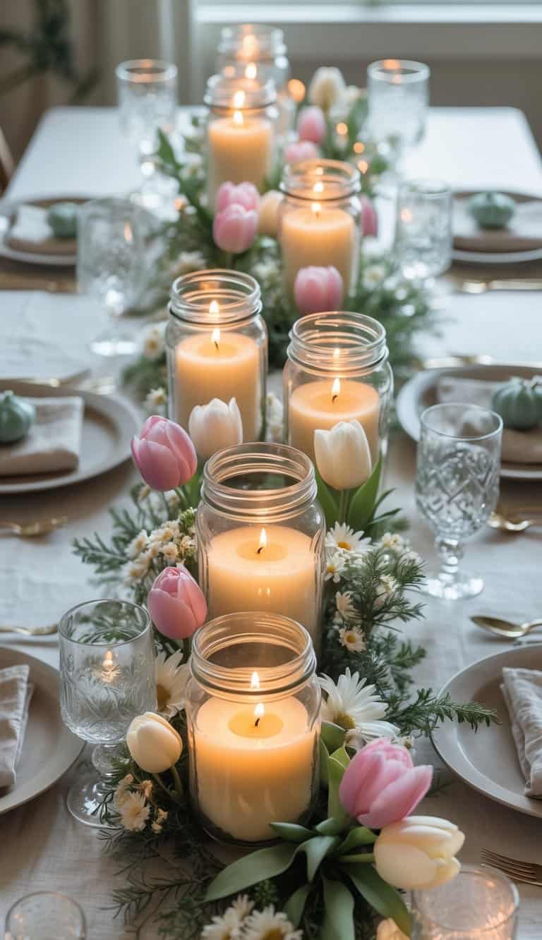 A dining table set for a spring dinner party with mason jar candle holders surrounded by fresh flowers and lit candles.
