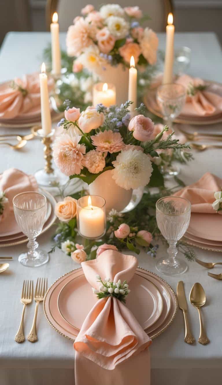 A spring dinner table set with soft peach napkins with floral rings, fresh flowers, candles, and elegant tableware under natural light.