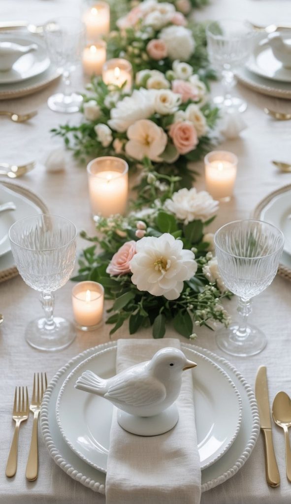 Elegant table setting with white plates, gold cutlery, glassware, candles, floral centerpiece, and a ceramic white bird on each napkin.
