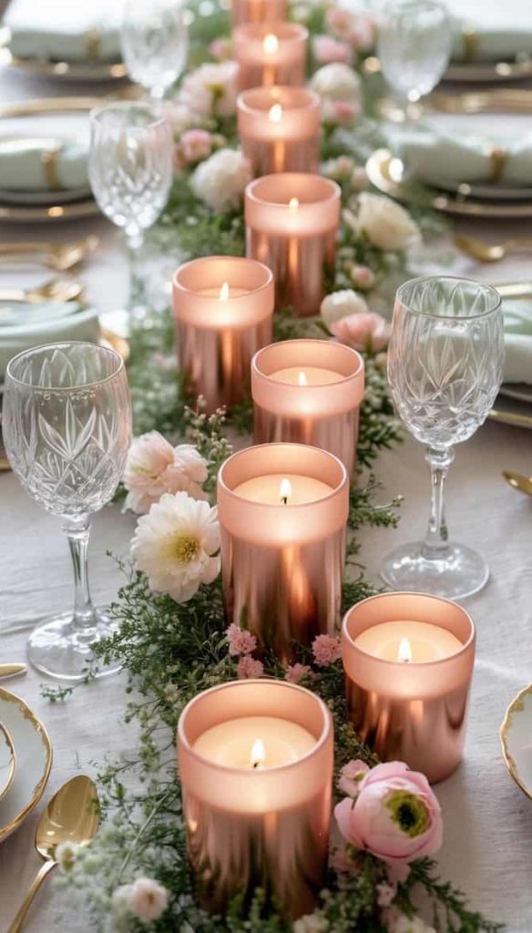 A formal dining table set with gold-rimmed plates, crystal glasses, and a centerpiece of pink candles and pastel flowers on a white tablecloth.