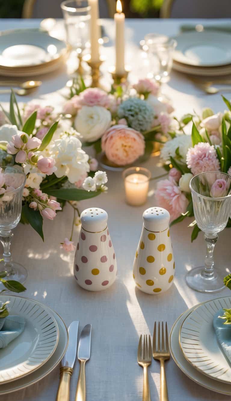 A spring dinner table set with polka dot ceramic salt and pepper shakers, fresh flowers, candles, plates, and glassware arranged for a party.