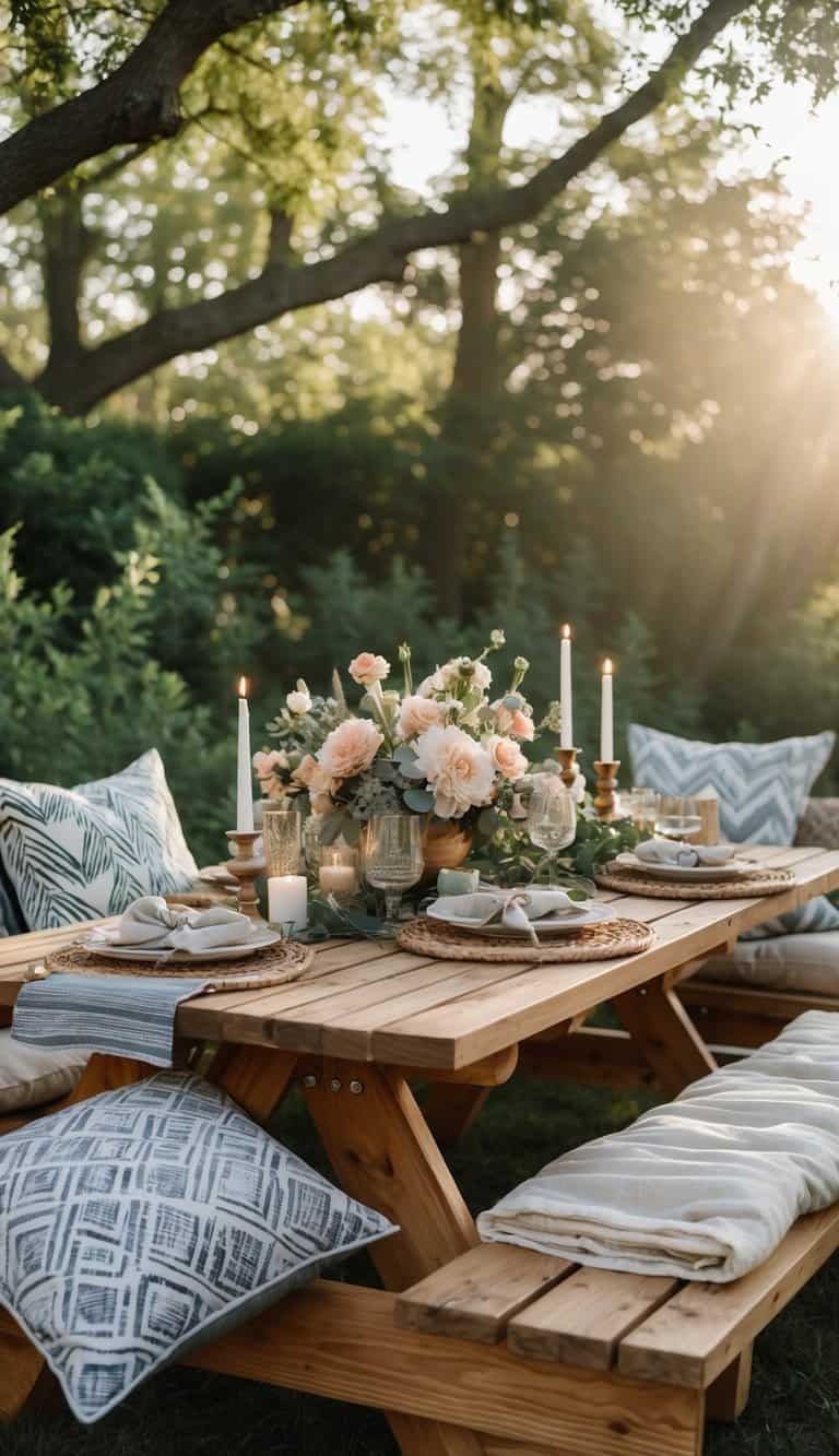 Outdoor wooden picnic table set with patterned throw pillows on benches, floral centerpieces, candles, and tableware under natural sunlight.