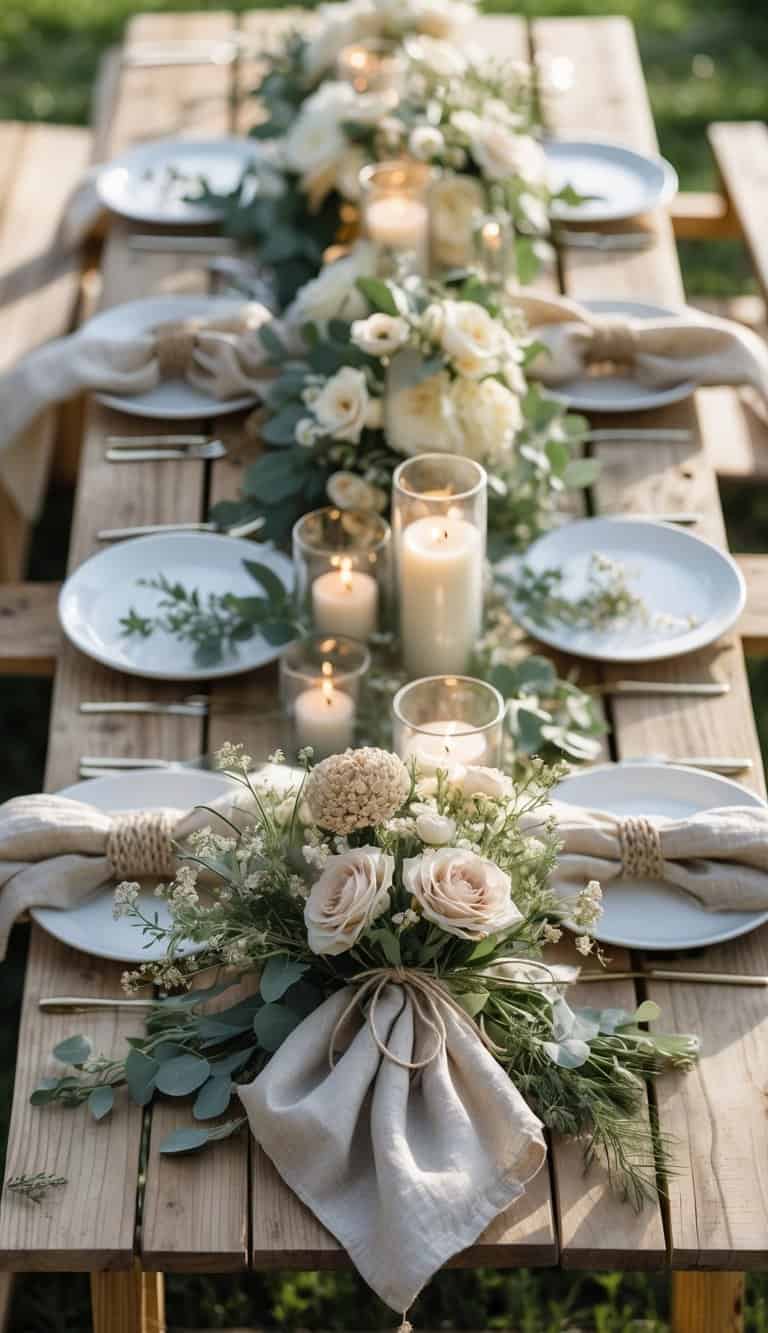 A picnic table set outdoors with linen napkins tied with twine and small flowers, surrounded by floral centerpieces and candles.