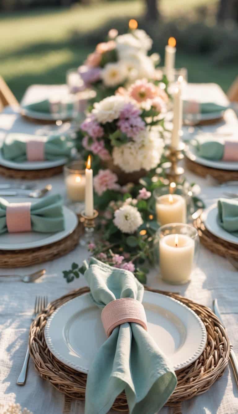 A picnic table set with color-coordinated reusable napkin rings, floral centerpieces, and candles, all arranged neatly under natural light.