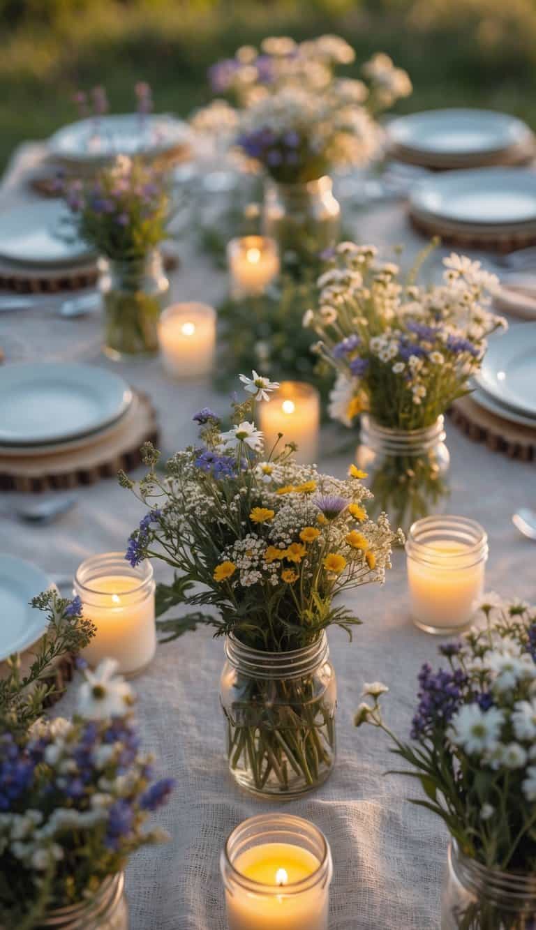A picnic table set outdoors with small jars of mixed wildflower bouquets and candles arranged along the center of the table.