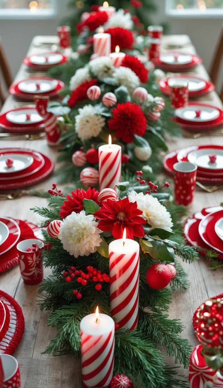 A holiday table set with red and white striped candles, floral centerpieces, and festive decorations arranged along the center of the table.