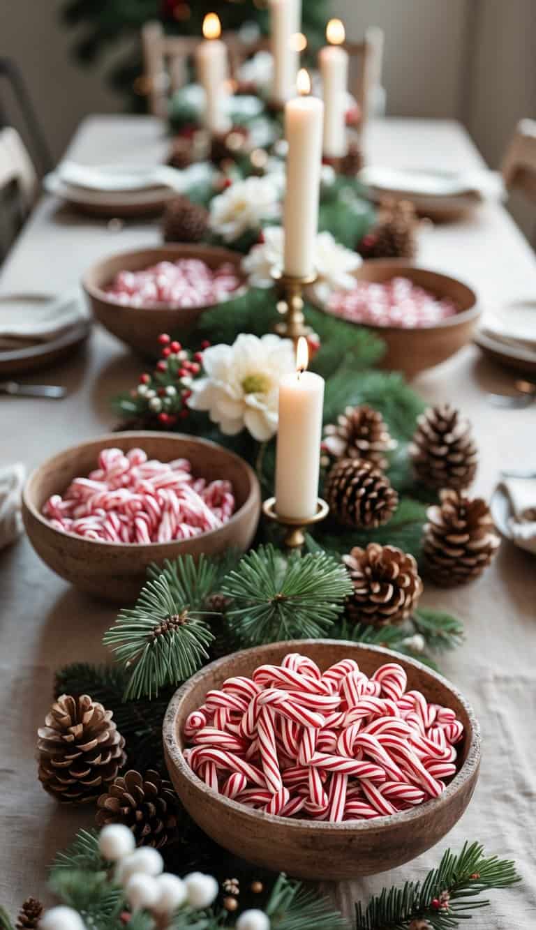 A holiday table set with rustic bowls containing candy canes and pinecones, surrounded by candles and seasonal flowers.