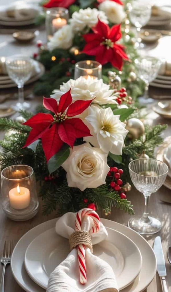 A festive dining table is set with white dishes, crystal glasses, candles, and a centerpiece of red and white flowers, greenery, and candy canes tied to napkins.