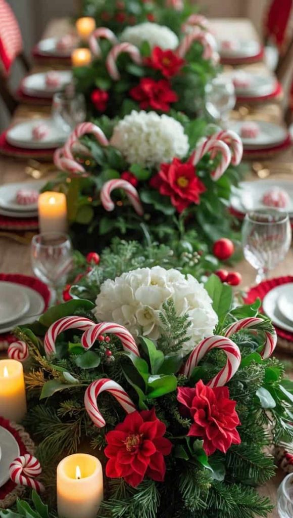 A festive dining table decorated with red and white flowers, candy canes, greenery, candles, and red accents, set for a holiday meal.