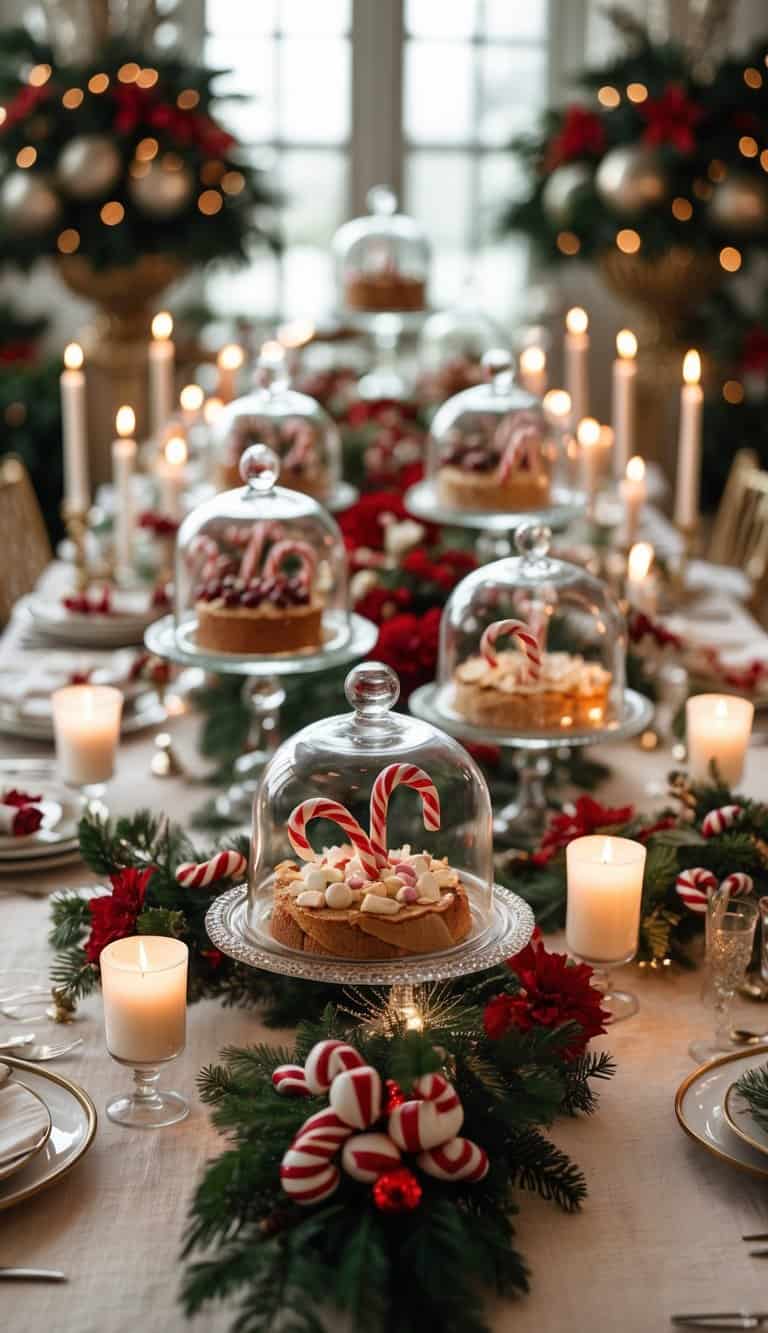 A holiday table set with glass domes over food accented by candy canes, surrounded by candles and floral arrangements.