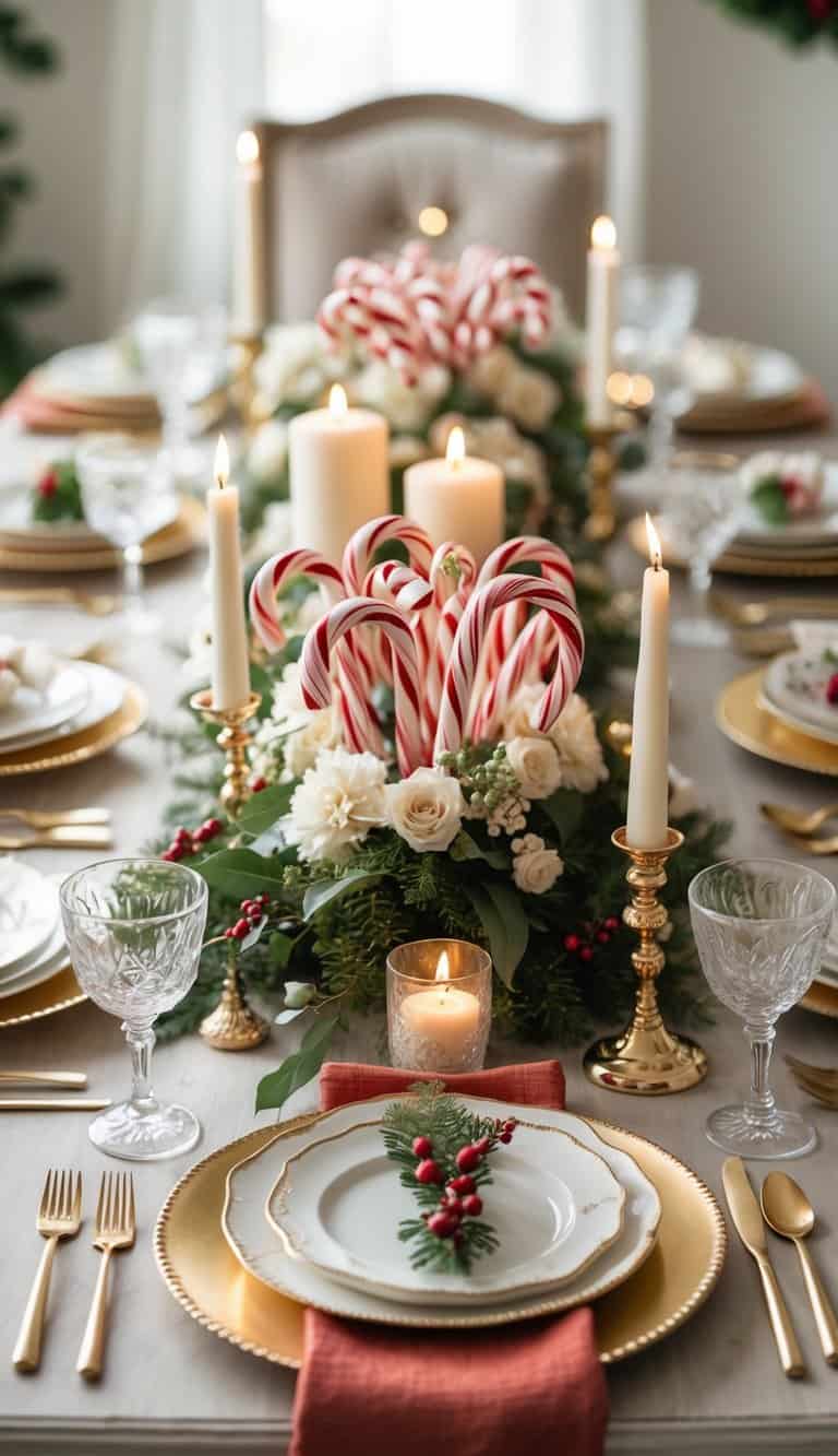 A holiday dining table set with candy canes, gold cutlery, candles, and floral centerpieces.