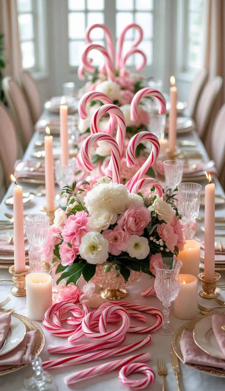 A holiday table set with pink candy canes, floral centerpieces, candles, and elegant place settings under natural light.