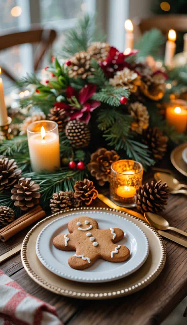 A holiday table set with gingerbread cookie-shaped place cards, floral centerpiece, candles, and festive decorations.