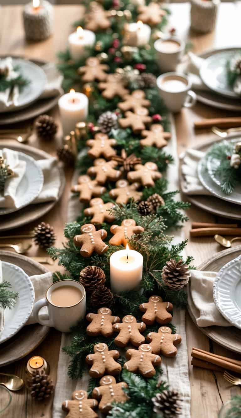 A festive table setting with gingerbread cookies, candles, pine cones, greenery, plates, and cups of coffee arranged neatly for a holiday meal.