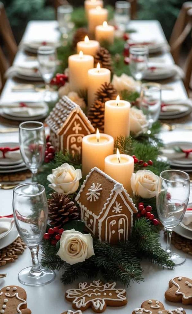 A festive table is set with gingerbread cookies, lit pillar candles, pinecones, roses, and greenery as the centerpiece, surrounded by plates, glasses, and cutlery.