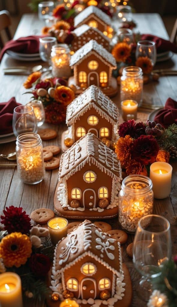 A wooden table set with gingerbread houses, lit candles, mason jars, autumn flowers, and glassware arranged for a festive gathering.