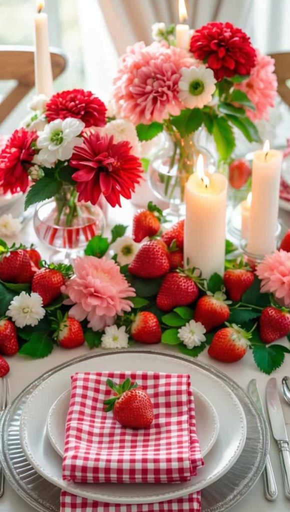 A table set with red-and-white checkered napkins, white plates, strawberries, candles, and red and pink flower arrangements for a festive meal.
