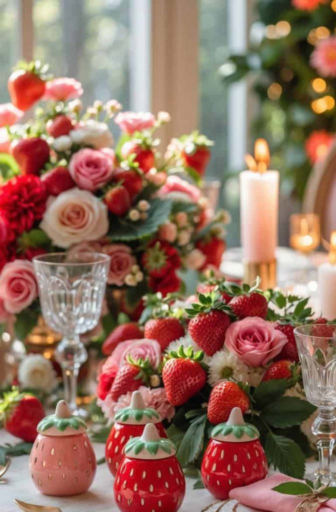 Elegant table set with strawberry-themed ceramic containers, gold-rimmed plates, glassware, pink napkins, and floral arrangements featuring roses and strawberries.