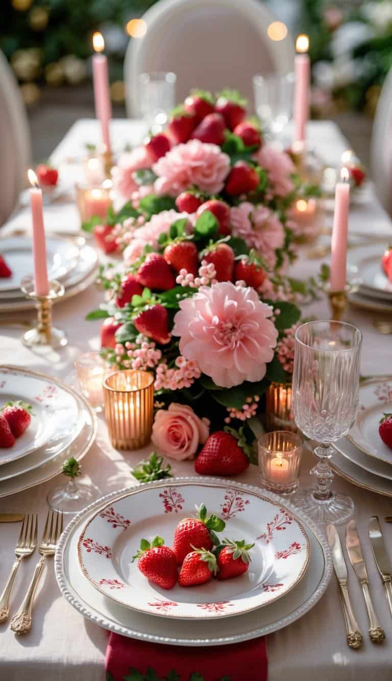 A beautifully arranged table with strawberry appetizer plates, floral centerpieces, candles, and glassware, set for a festive event.