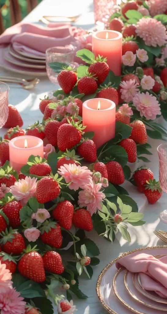 A table is set with pink candles, pink glassware, plates with pink napkins, and a centerpiece of fresh strawberries and pink flowers.