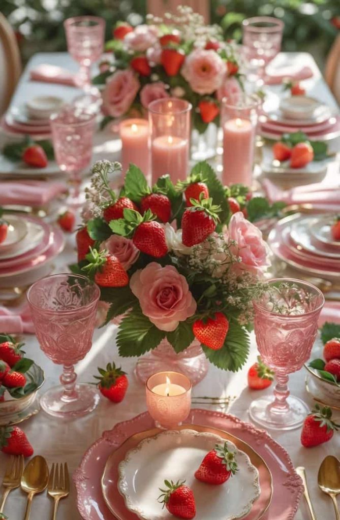 Elegant table setting with pink plates, gold cutlery, pink glassware, and centerpieces of pink roses and strawberries, accented by lit candles and scattered fresh strawberries.