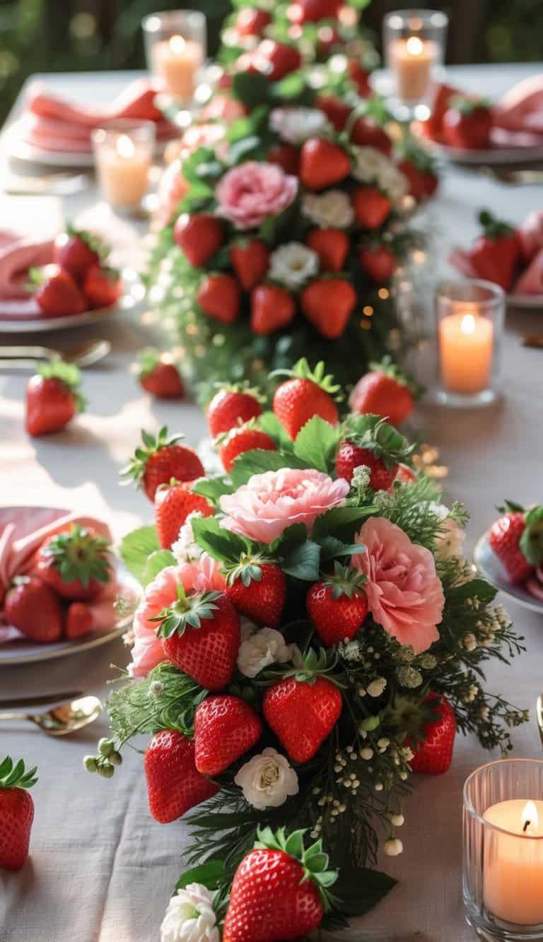 A holiday table set with mini strawberry baskets, floral centerpieces, candles, and dishware arranged on a wooden table.