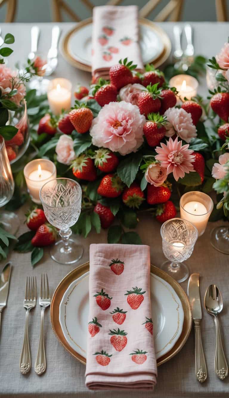 A beautifully set dining table with strawberry embossed linen napkins, floral centerpieces, and candles, arranged for a festive event.