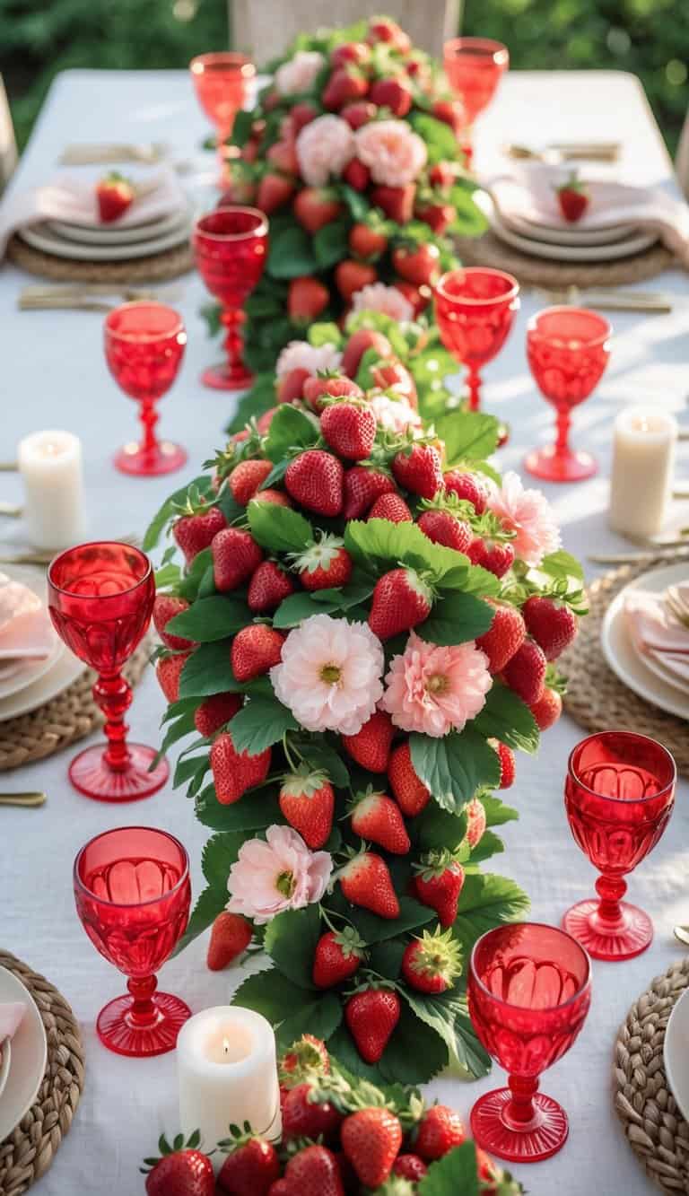 A beautifully arranged table with red glassware, fresh strawberries, candles, and floral centerpieces on a white linen tablecloth.