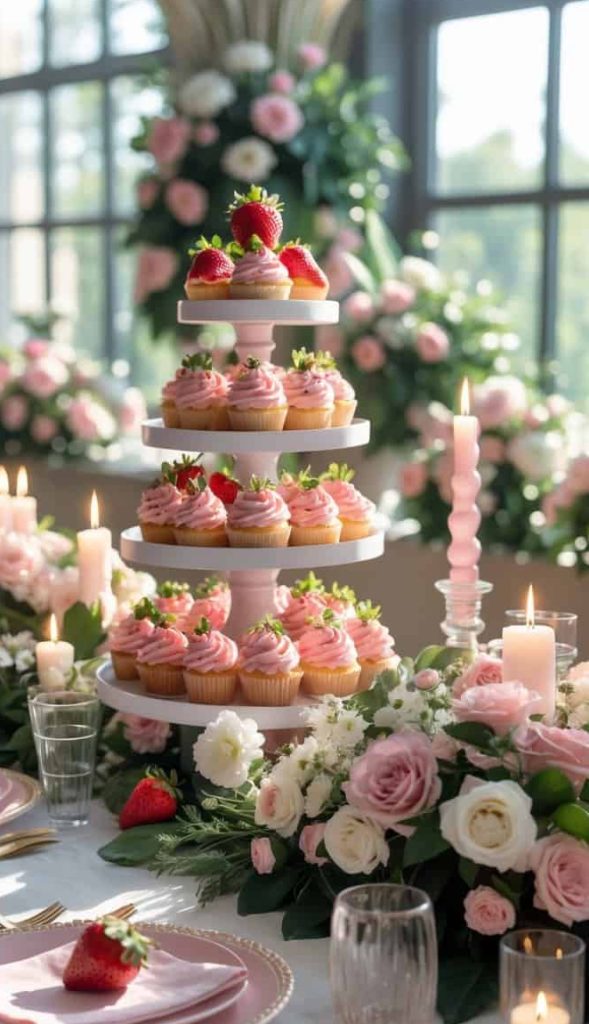 A tiered stand with pink frosted cupcakes topped with strawberries is set on a decorated table with candles, plates, and pink and white flowers.