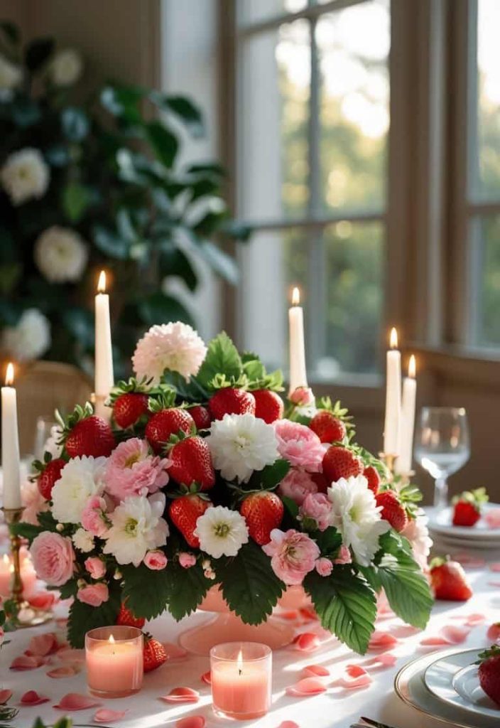 A dining table set with plates, candles, and a centerpiece of pink and white flowers mixed with strawberries, surrounded by scattered rose petals.